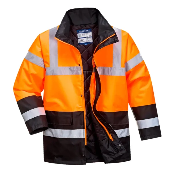 Parka impermeable de alta visibilidad en naranja con cintas reflectantes y capucha desmontable