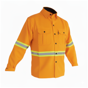 Chaqueta forestal ignífuga marca FIRETEX de color amarillo oro con cintas reflectivas en brazos y torso.