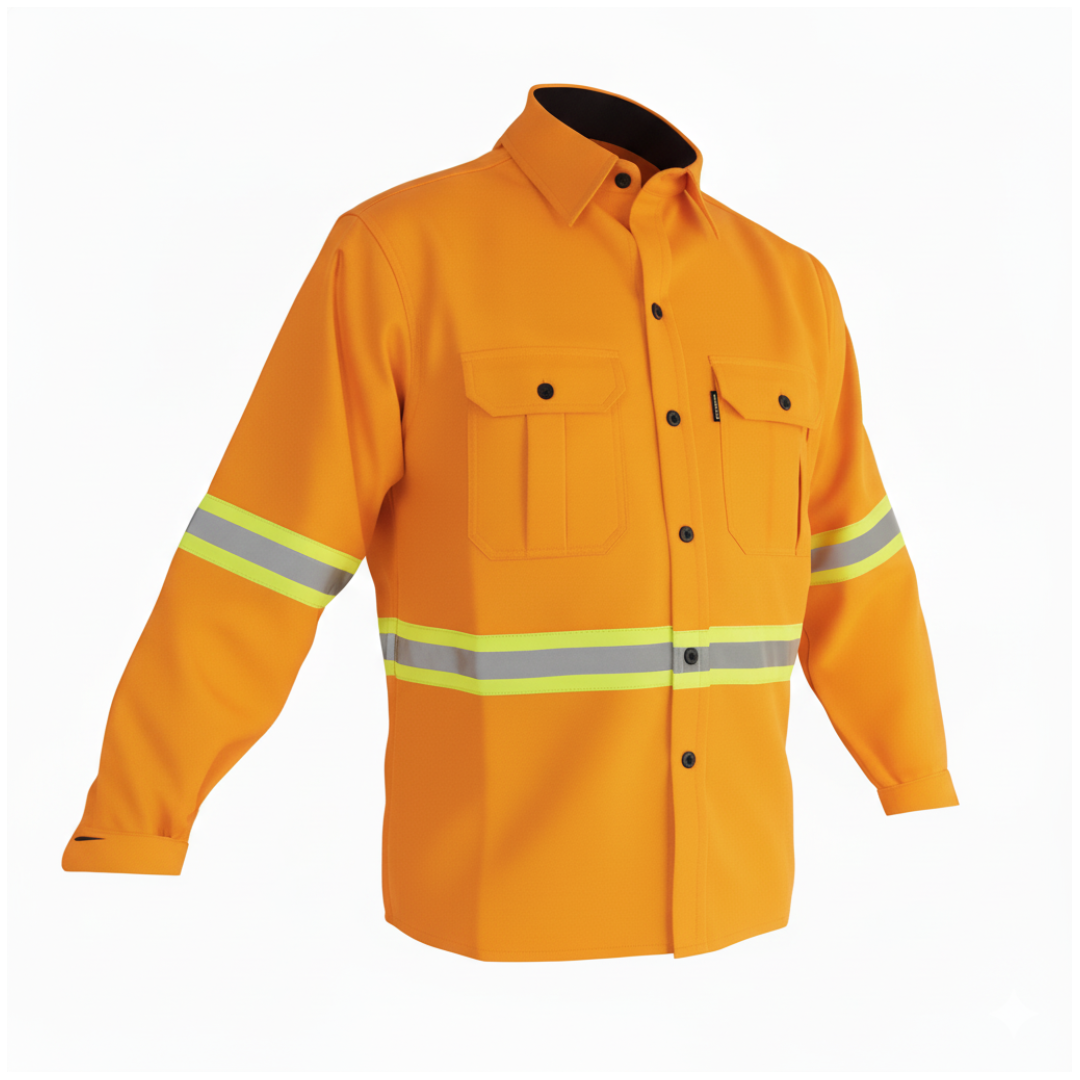 Chaqueta forestal ignífuga marca FIRETEX de color amarillo oro con cintas reflectivas en brazos y torso.