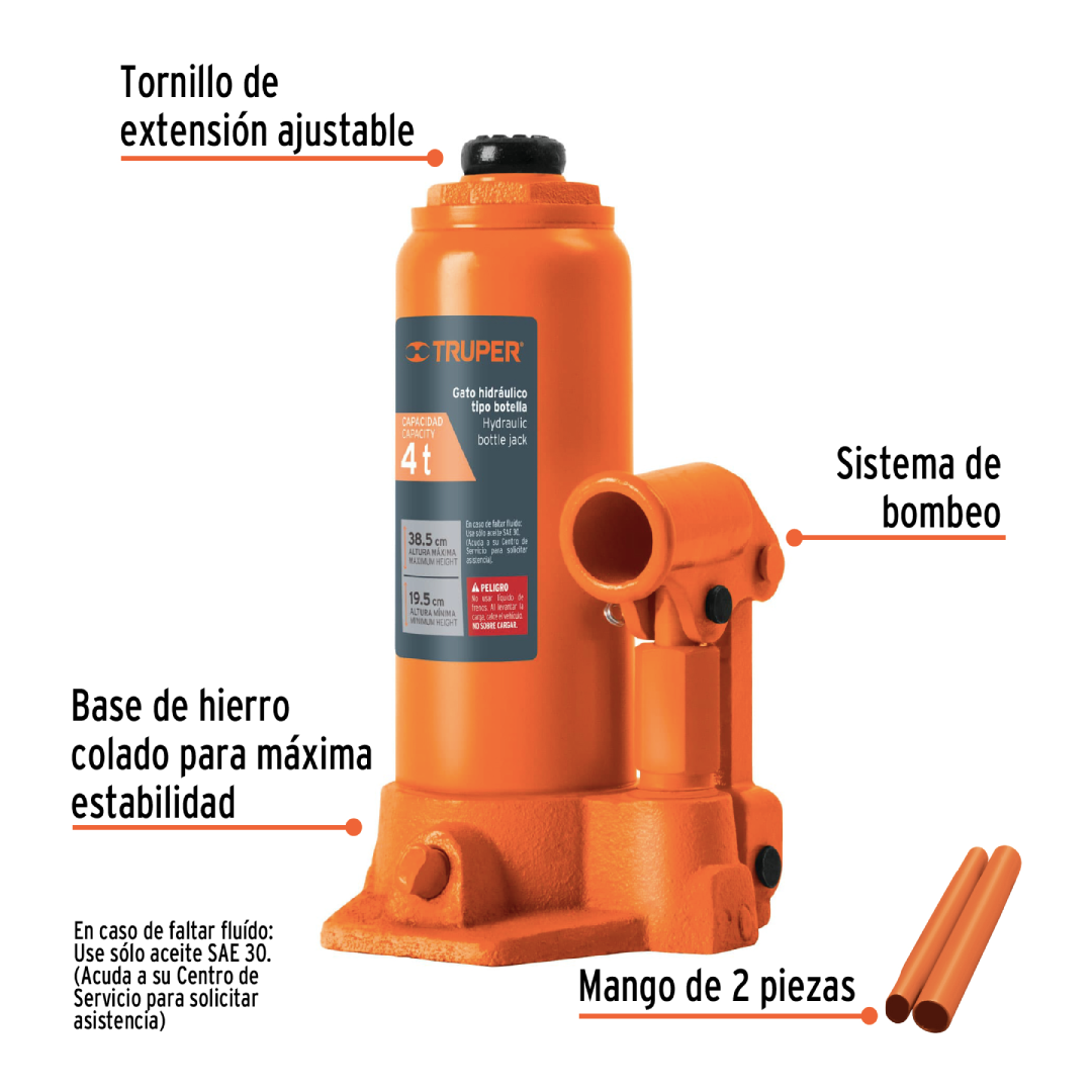 Gato Hidráulico de Botella 4 Toneladas | Truper 14812 - Imagen 3